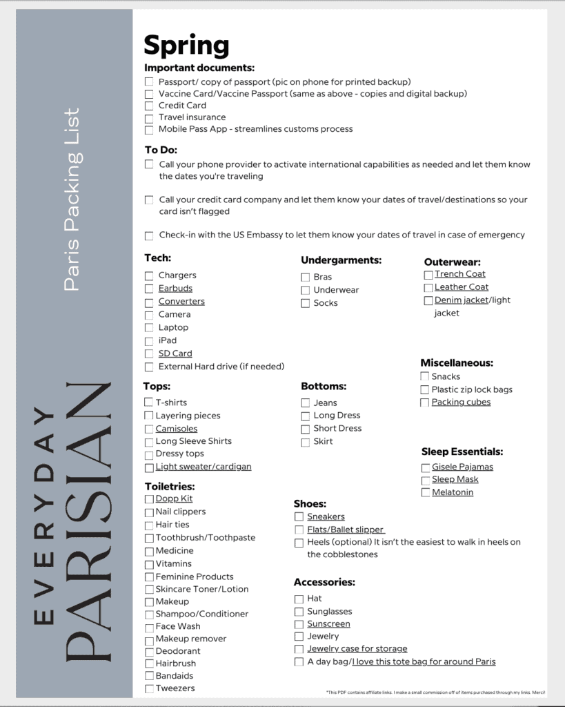 PDF Packing List for Paris everyday parisian